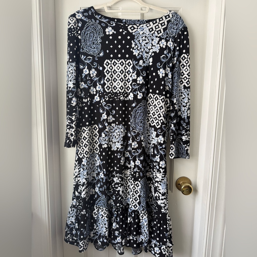 Harper Rose Black and White Floral 3/4 length Sleeve Dress EUC